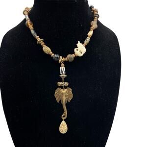Elephant Plastic & Wood Beaded Necklace African Style Dangle Safari